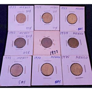 Lot of 9 Mexican 1975-1982 Mexico 20 Cents Vintage Collectible Circulated Coins